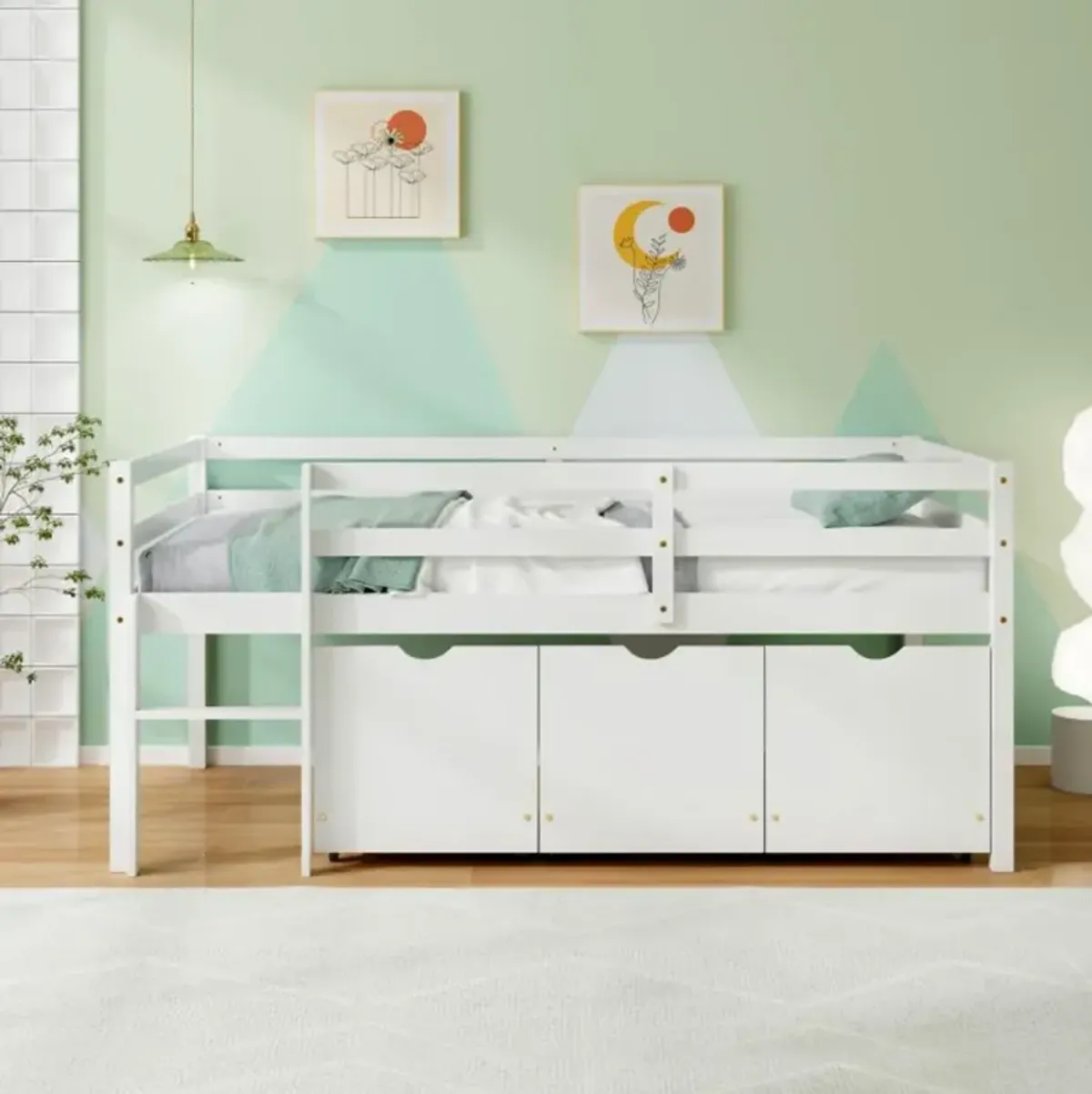 Hivvago Twin Size Low Loft Bed with 3 Drawers with Ladder and Full-length Guardrails
