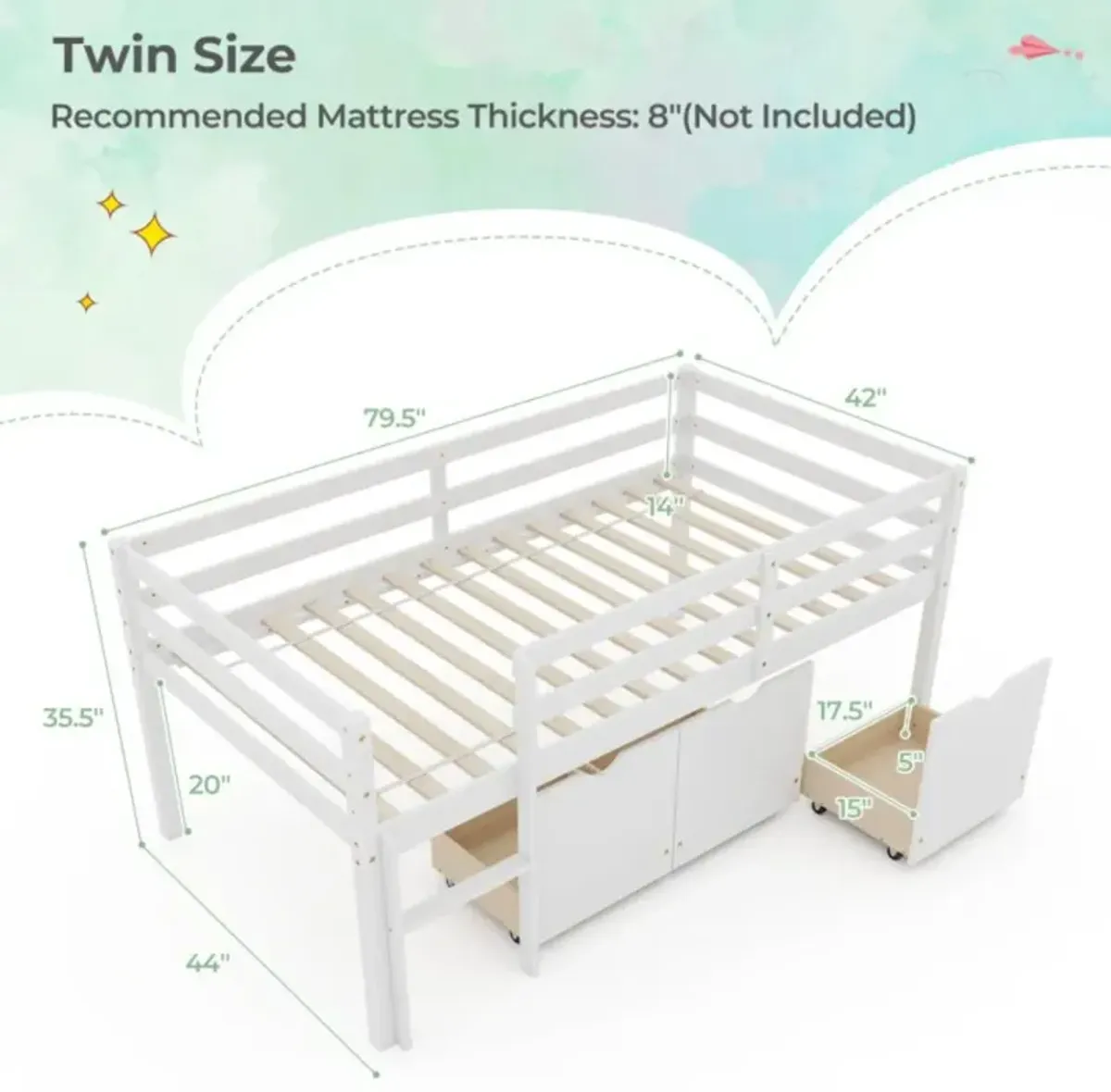 Hivvago Twin Size Low Loft Bed with 3 Drawers with Ladder and Full-length Guardrails