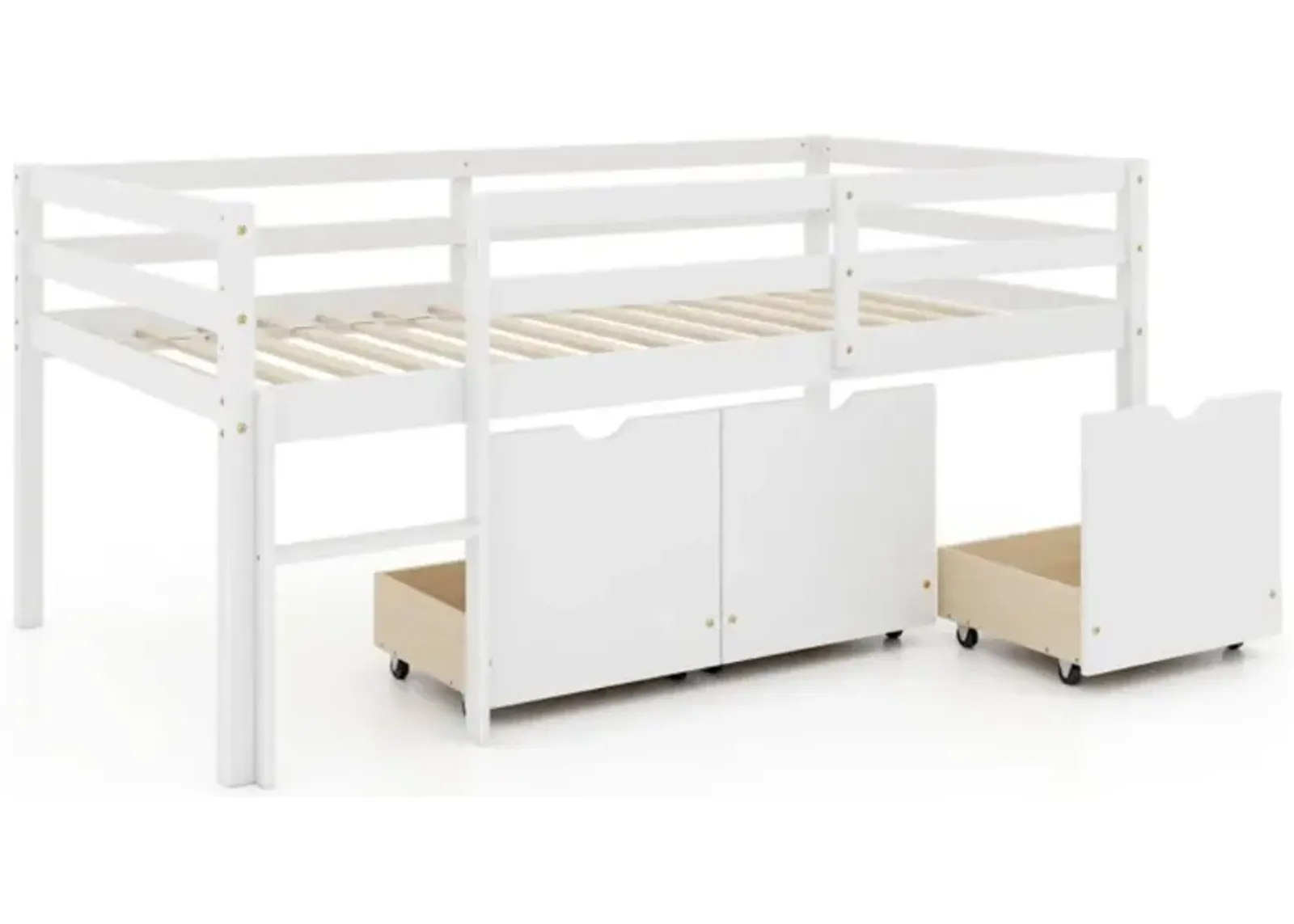 Hivvago Twin Size Low Loft Bed with 3 Drawers with Ladder and Full-length Guardrails