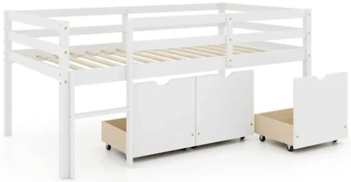 Hivvago Twin Size Low Loft Bed with 3 Drawers with Ladder and Full-length Guardrails