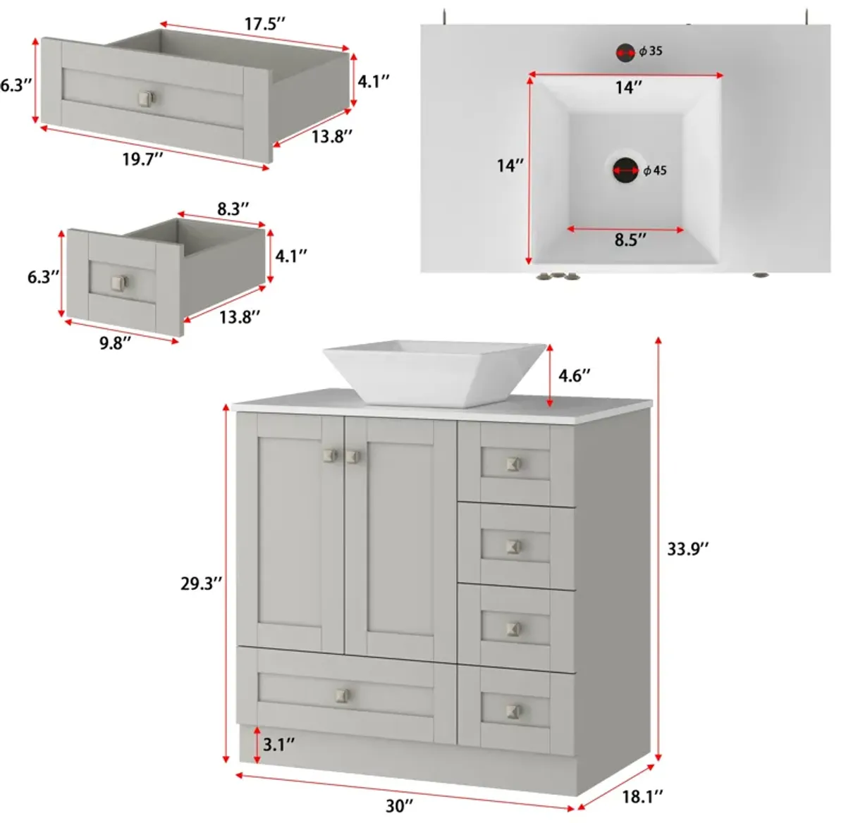 FUFU&GAGA Elegant Bathroom Vanity with Ample Storage - 30"W x 18.1"D x 33.9"H, Gray