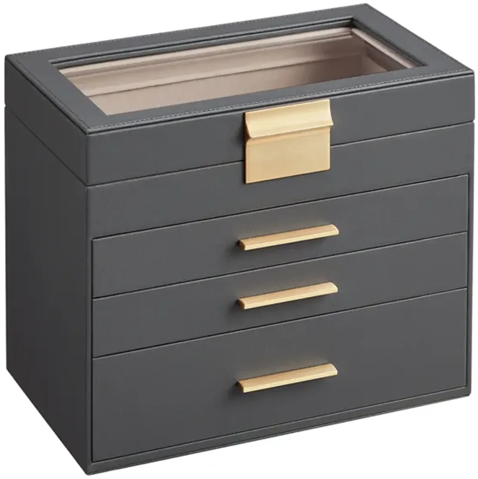 4-Layer Jewelry Box with Glass Lid and 3 Drawers - Modern Organizer for Sunglasses and Big Jewelry