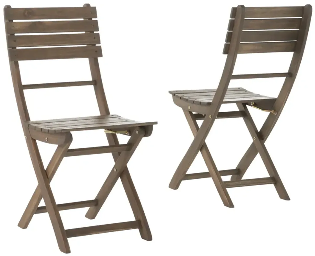 Cami Outdoor Foldable Bistro Chair, Slat Back, Cross Gray Acacia Wood - Benzara