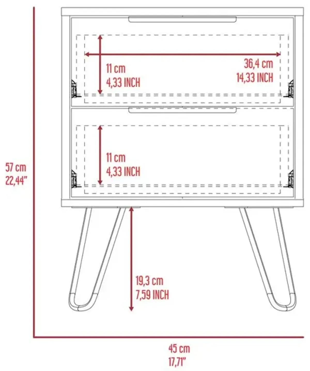 DEPOT E-SHOP Kentia Night Stand- Four Legs, Two Drawers-Light Oak, For Bedroom