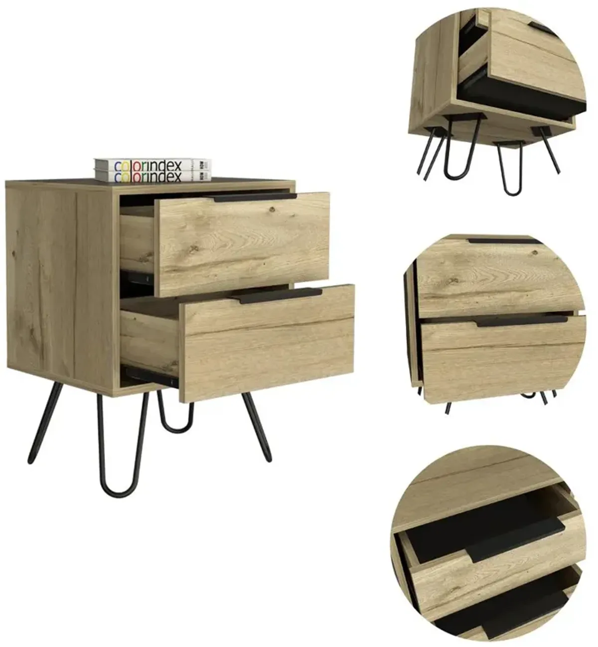 DEPOT E-SHOP Kentia Night Stand- Four Legs, Two Drawers-Light Oak, For Bedroom