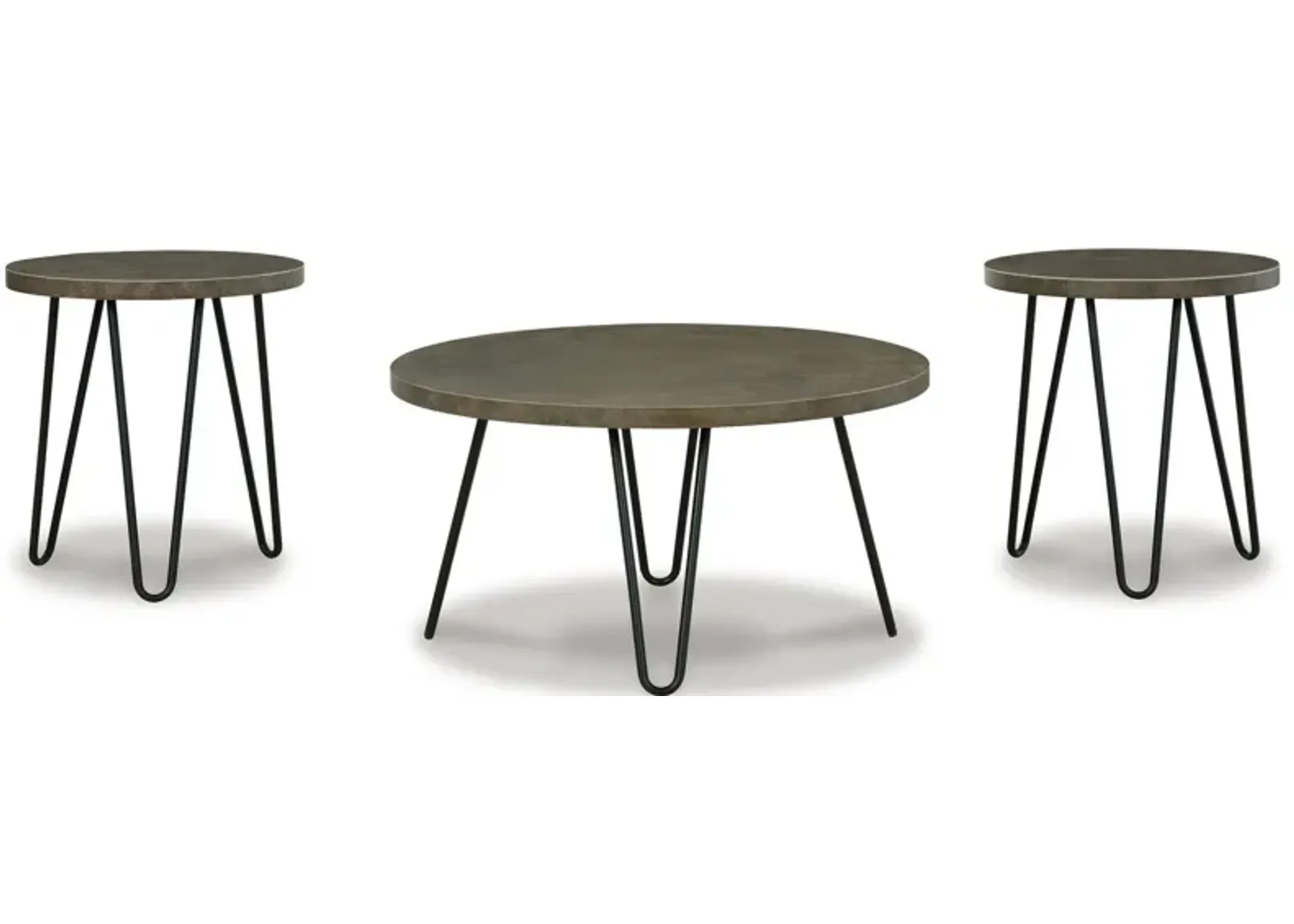 3 Piece Coffee Table and End Tables Set with Black Steel Legs, Stone Gray - Benzara