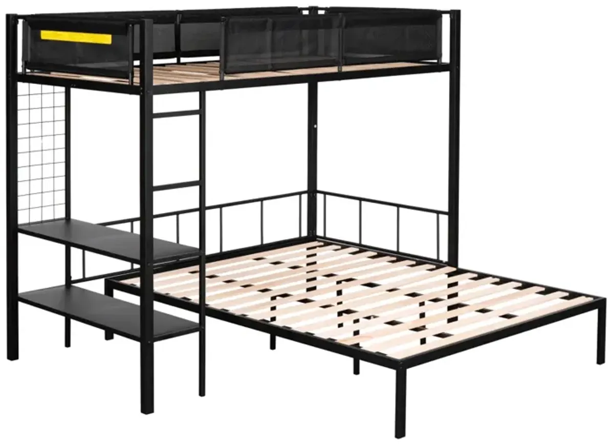 Metal Twin Over Full Bunk Bed with Shelves & Grid Panel