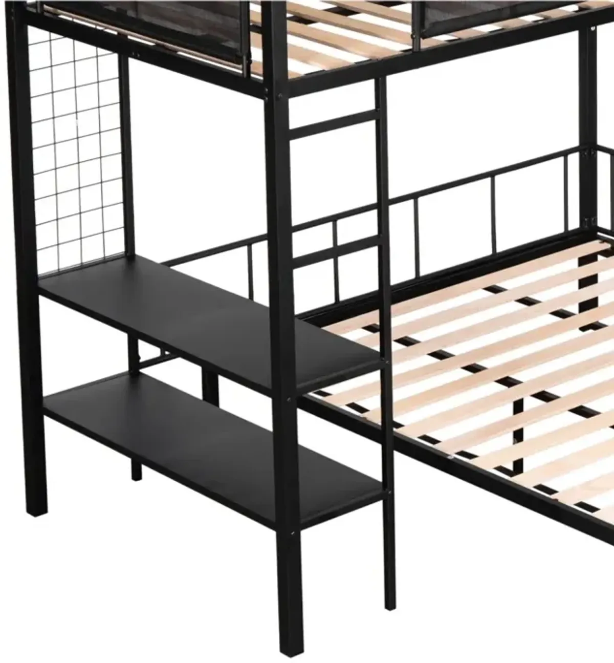 Metal Twin Over Full Bunk Bed with Shelves & Grid Panel