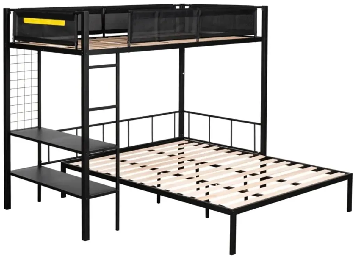 Metal Twin Over Full Bunk Bed with Shelves & Grid Panel