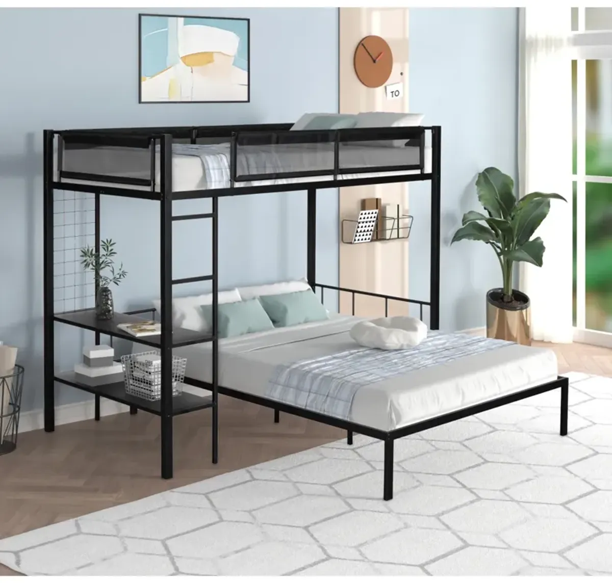 Metal Twin Over Full Bunk Bed with Shelves & Grid Panel