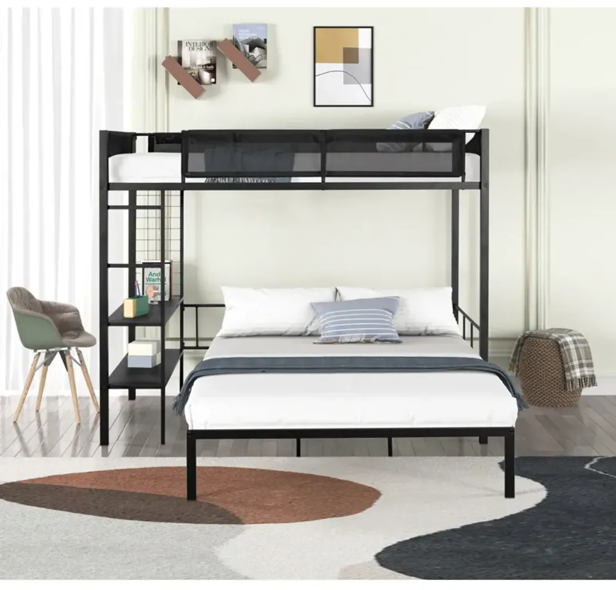 Metal Twin Over Full Bunk Bed with Shelves & Grid Panel