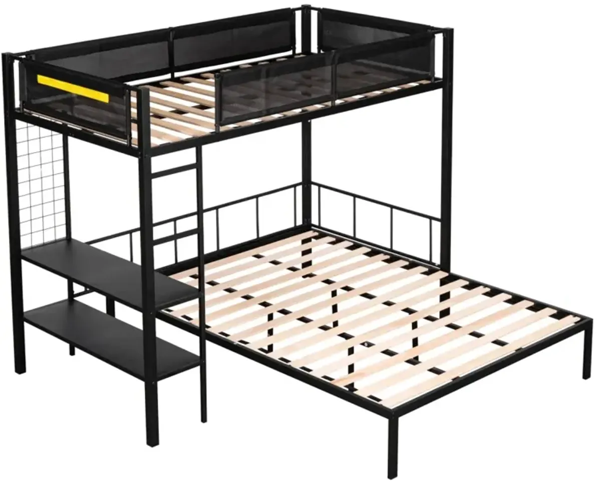 Metal Twin Over Full Bunk Bed with Shelves & Grid Panel