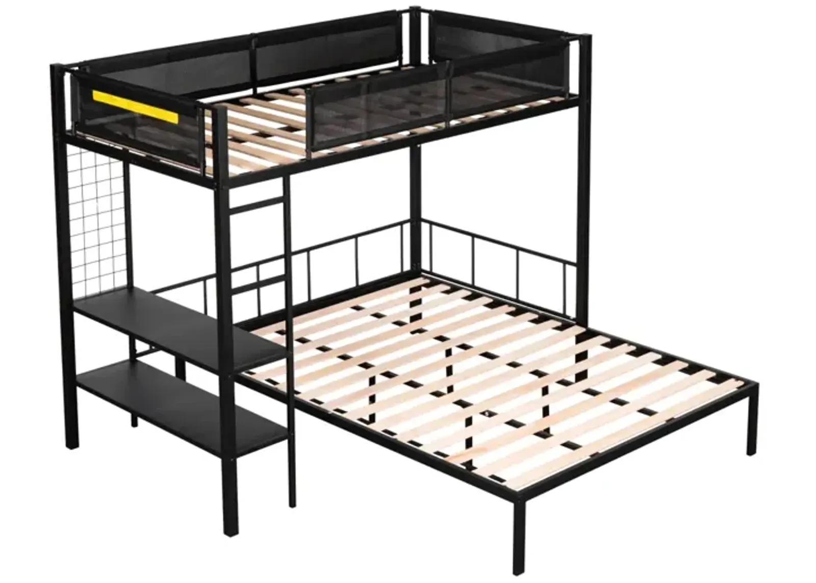 Metal Twin Over Full Bunk Bed with Shelves & Grid Panel