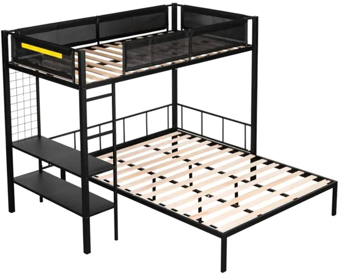 Metal Twin Over Full Bunk Bed with Shelves & Grid Panel