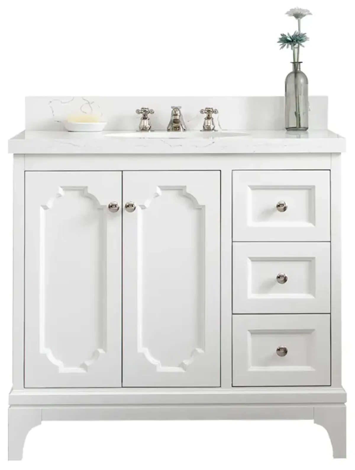 Queen 36 In. Single Sink Sink Carrara Quartz Countertop Bath Vanity in Pure White with Polished Nickel (PVD) Hardware