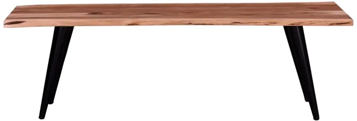 Zor 58 Inch Dining Bench, Live Edge Acacia Wood, Light Oak Brown, Black-Benzara