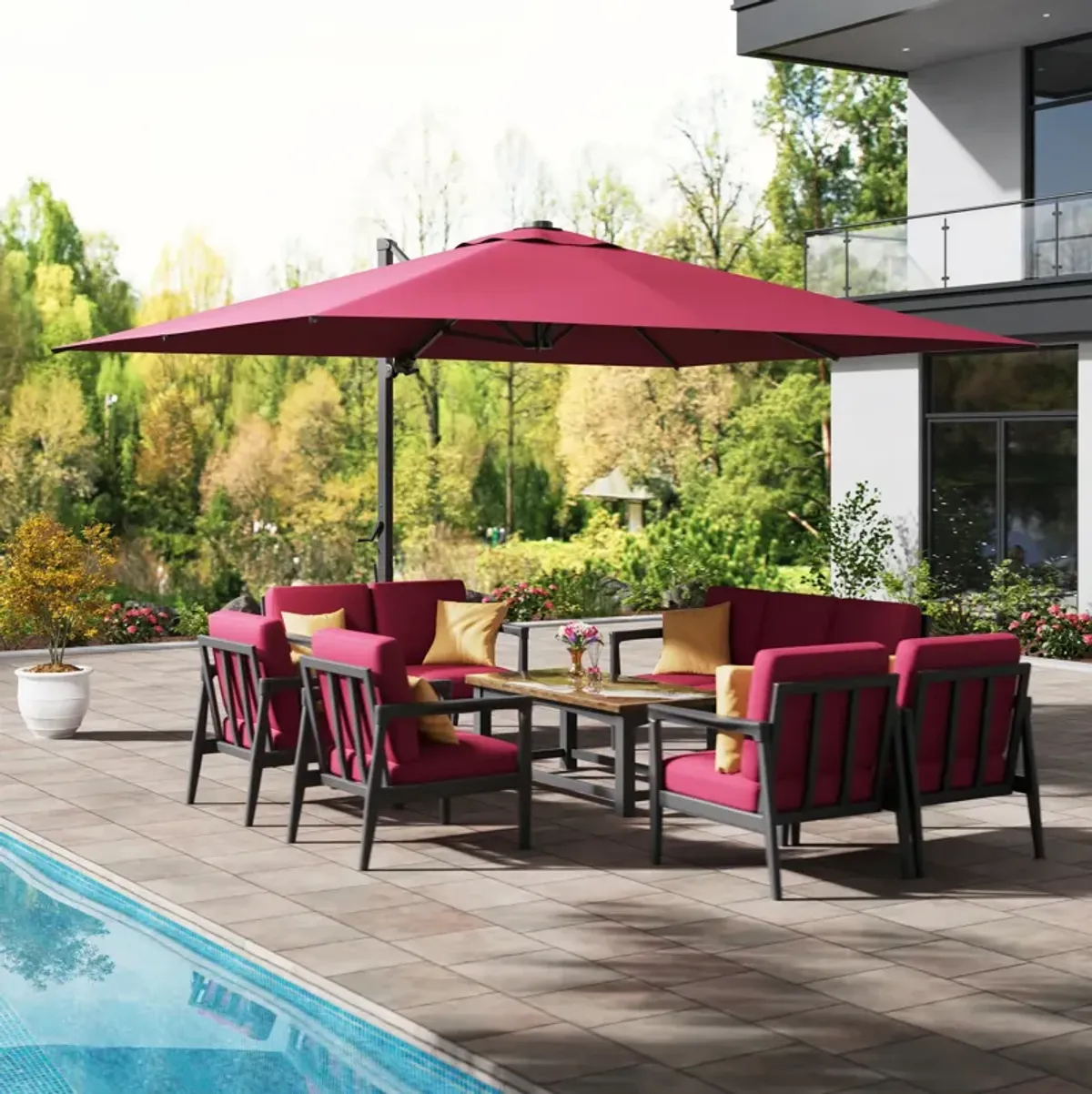 MONDAWE 13ft Square Solar LED Cantilever Patio Umbrella with Bluetooth Light for Outdoor Shade