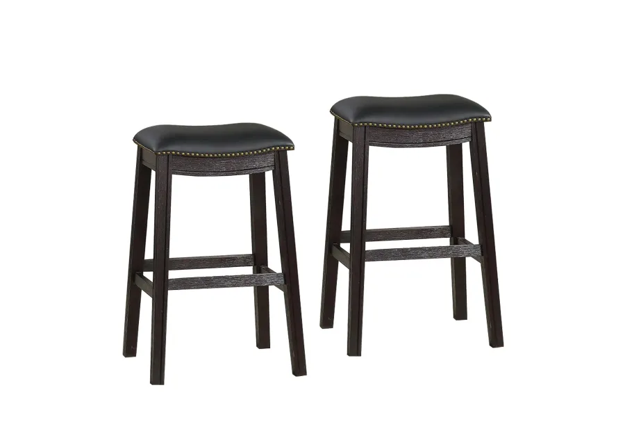 Curved Leatherette Bar Stool with Nailhead Trim, Set of 2, Black-Benzara