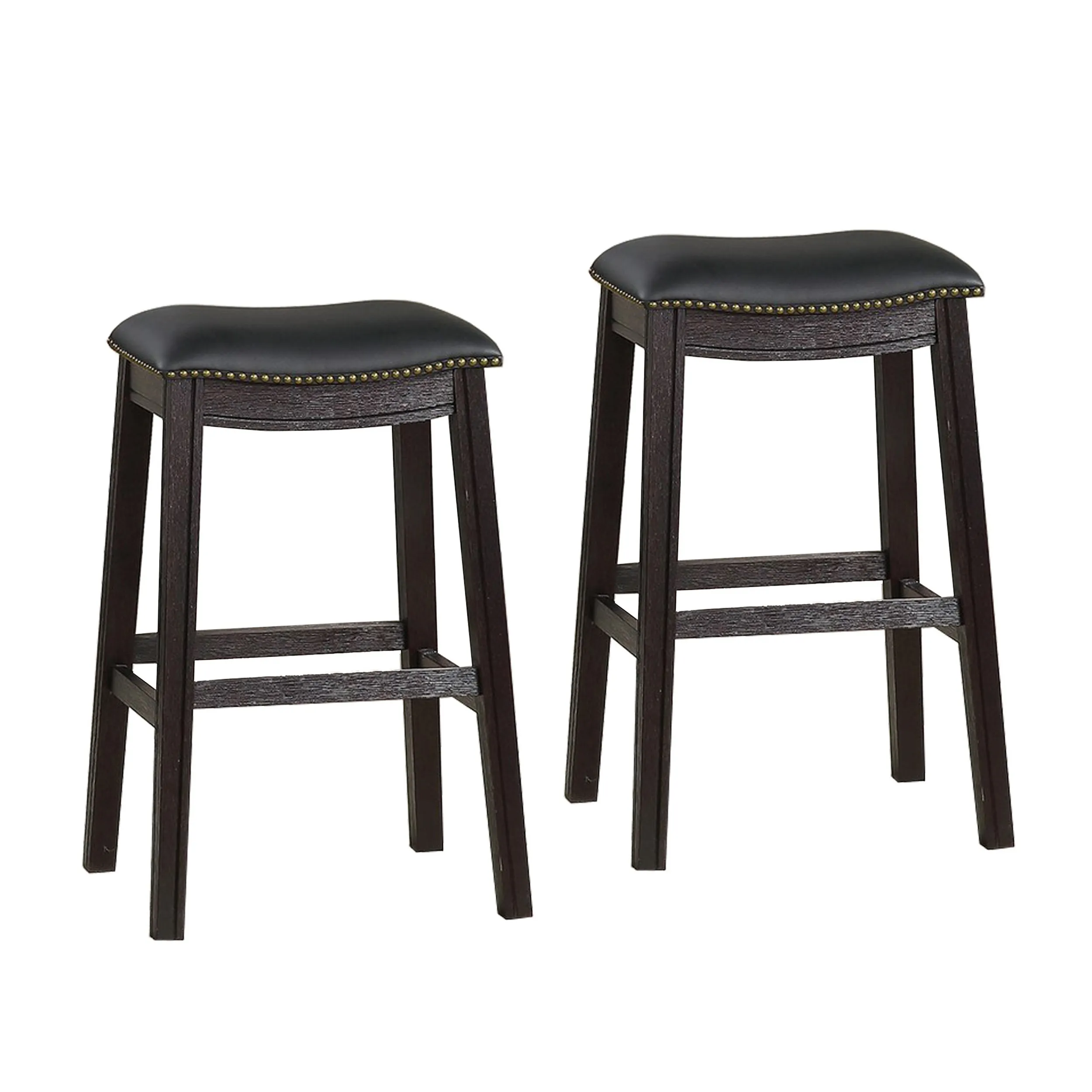 Curved Leatherette Bar Stool with Nailhead Trim, Set of 2, Black-Benzara