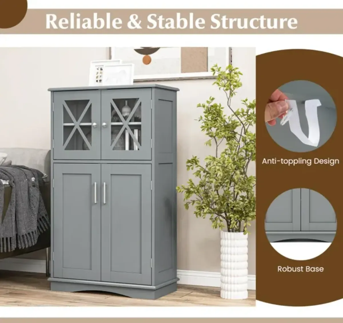 4 Doors Freeestanding Bathroom Floor Cabinet with Adjustable Shelves