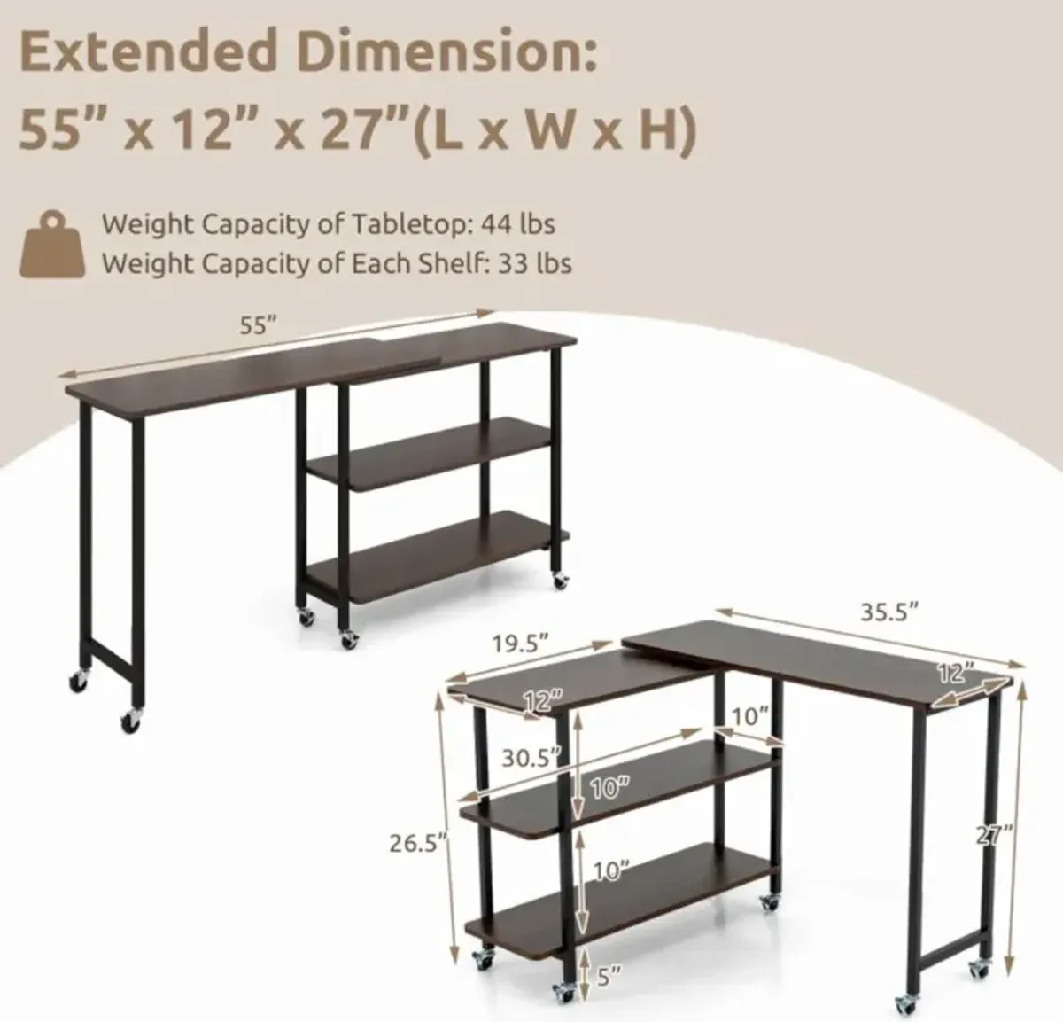 Hivvago 360Â° Rotating Sofa Side Table with 2-Tier Storage Shelves