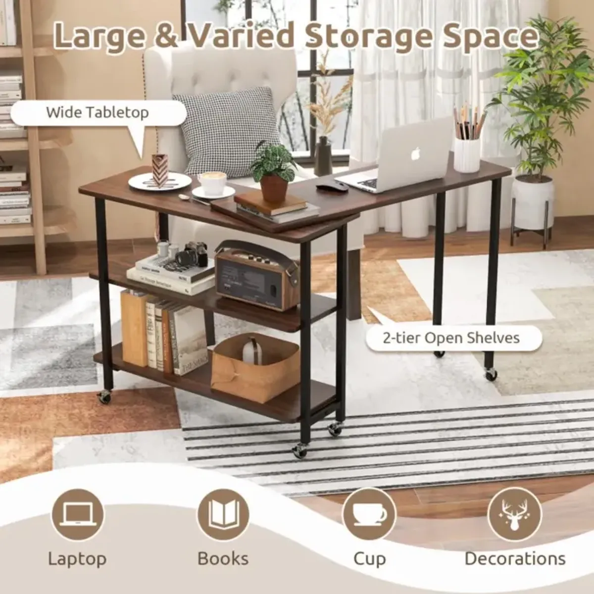 Hivvago 360Â° Rotating Sofa Side Table with 2-Tier Storage Shelves