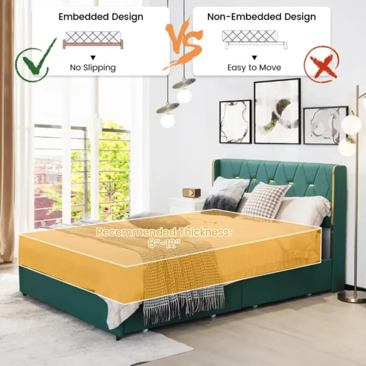 Hivvago PU Leather Upholstered Bed Frame with 4 Drawers