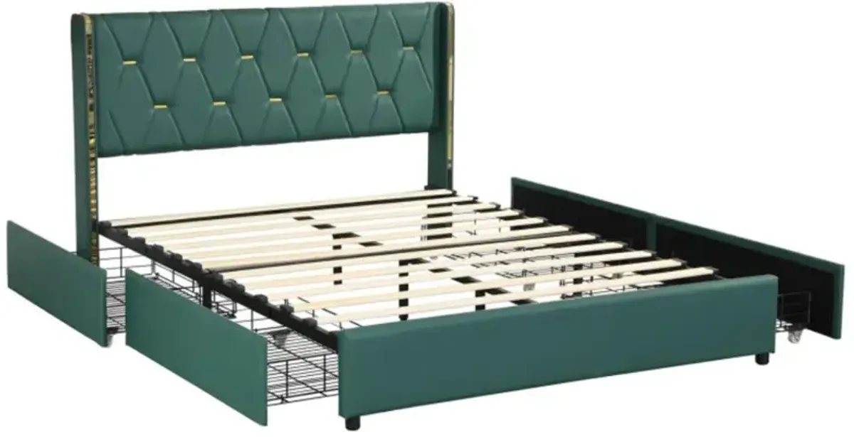 Hivvago PU Leather Upholstered Bed Frame with 4 Drawers