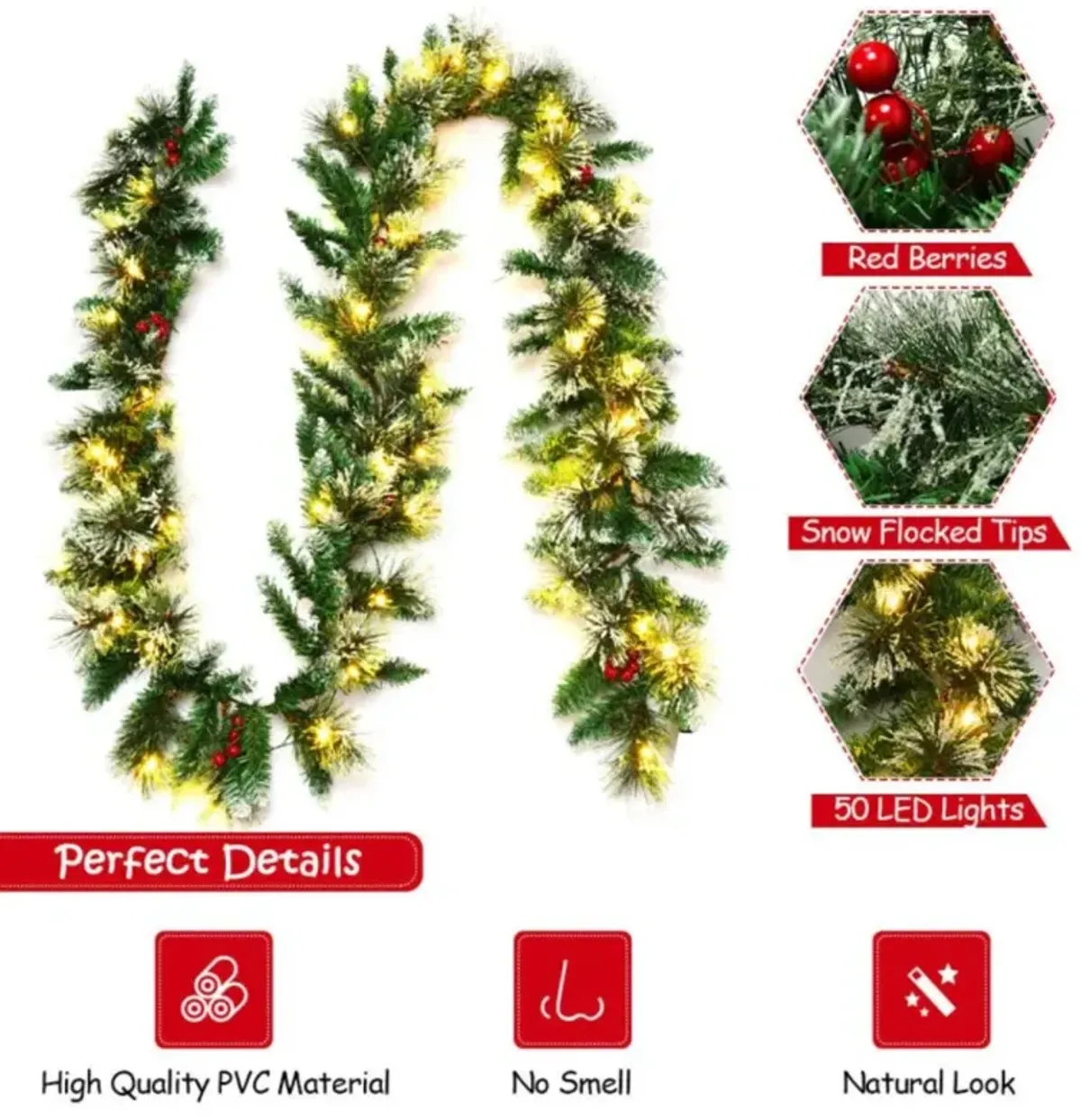 Hivvago 9 Feet Pre-lit Snow Flocked Tips Christmas Garland with Red Berries