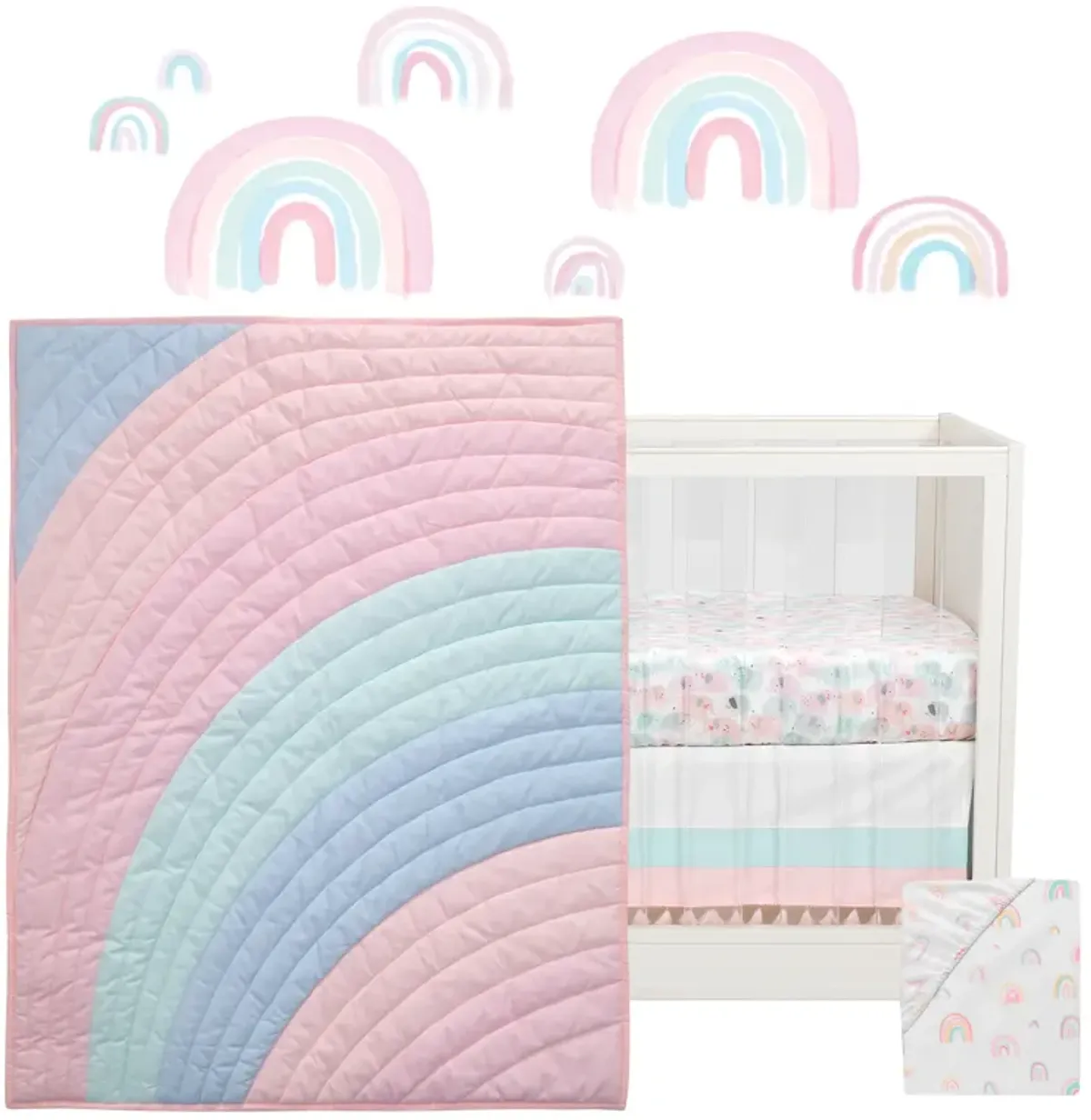 Lambs & Ivy Watercolor Pastel Pink/Mint Rainbow 5-Piece Baby Crib Bedding Set