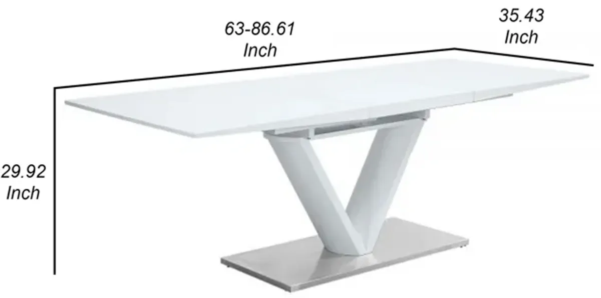 63-86 Inch Dining Table, Butterfly Extension Leaf, V-Shaped Base, White - Benzara