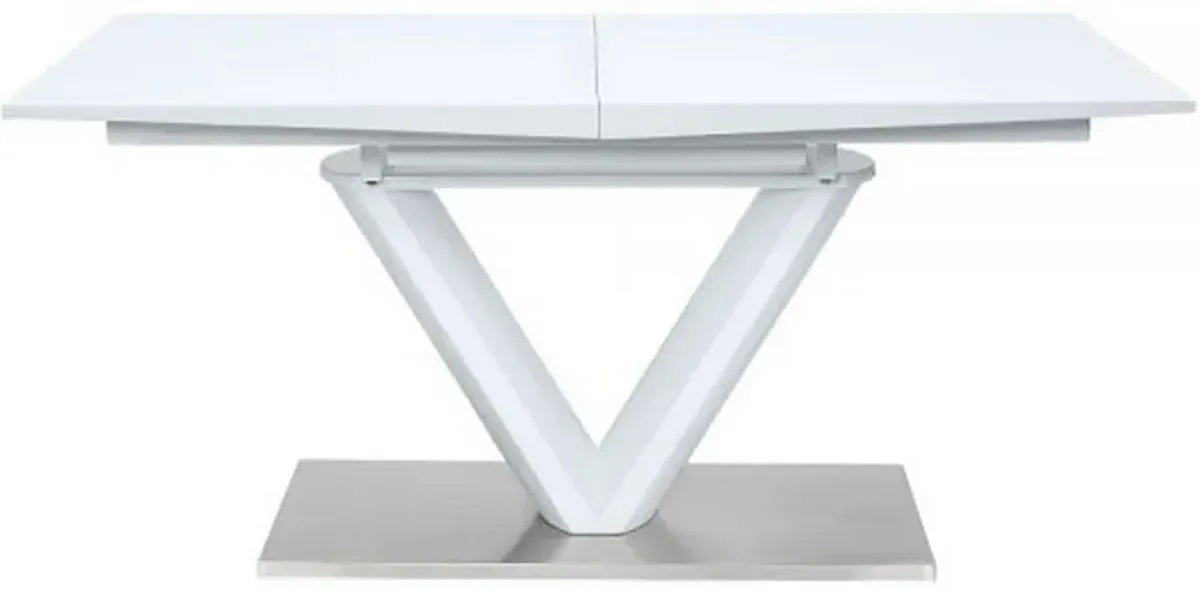 63-86 Inch Dining Table, Butterfly Extension Leaf, V-Shaped Base, White - Benzara