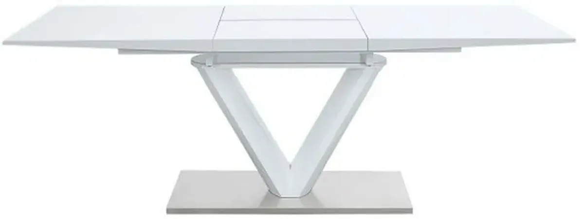 63-86 Inch Dining Table, Butterfly Extension Leaf, V-Shaped Base, White - Benzara