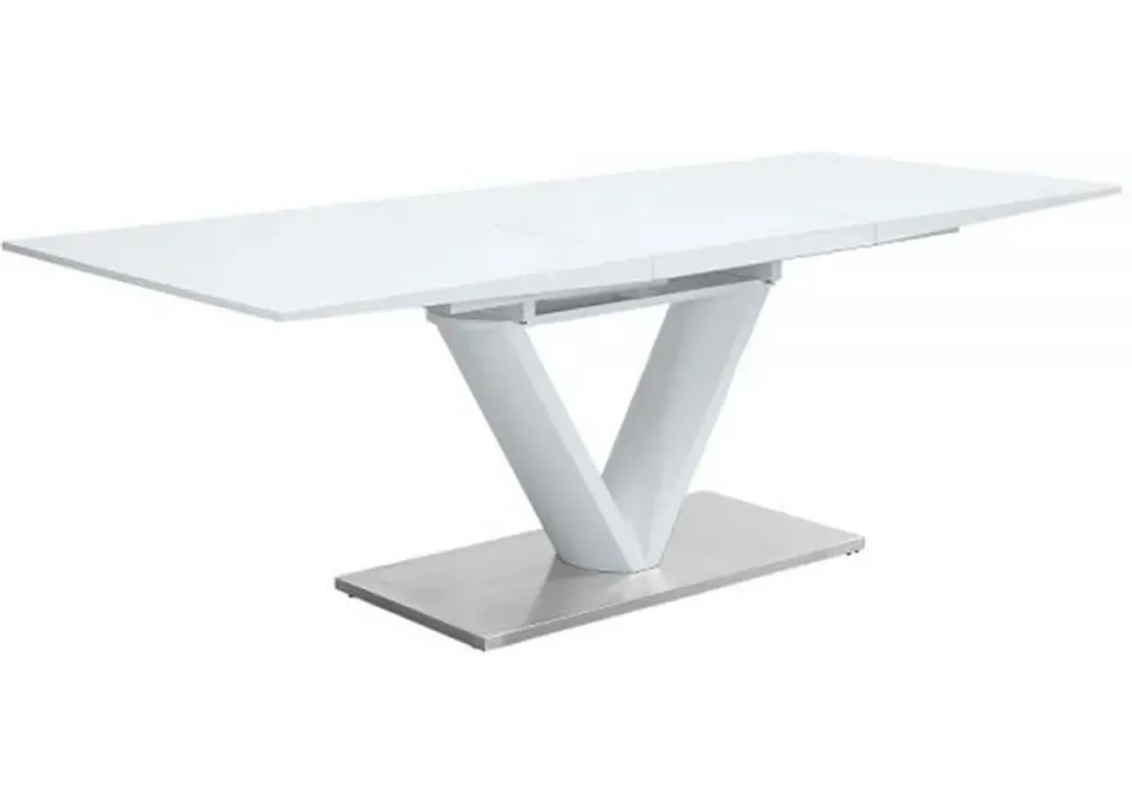 63-86 Inch Dining Table, Butterfly Extension Leaf, V-Shaped Base, White - Benzara