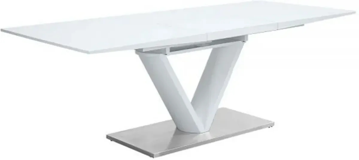 63-86 Inch Dining Table, Butterfly Extension Leaf, V-Shaped Base, White - Benzara