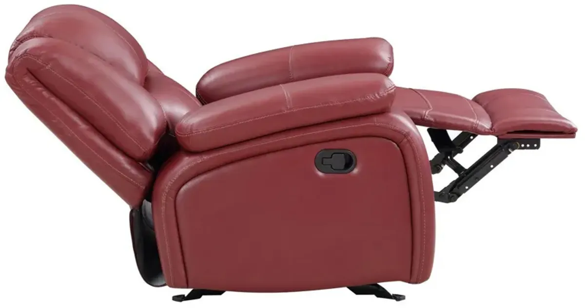 Mila 38 Inch Manual Recliner Accent Sofa Chair, Red Faux Leather, Wood - Benzara