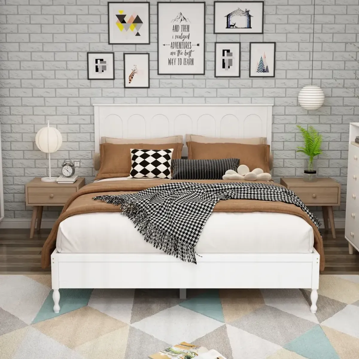 FUFU&GAGA Modern White Rubberwood Bed with Slats, 800 lbs Weight Capacity (81.7" L x 43.7" H x 60.2" W), White