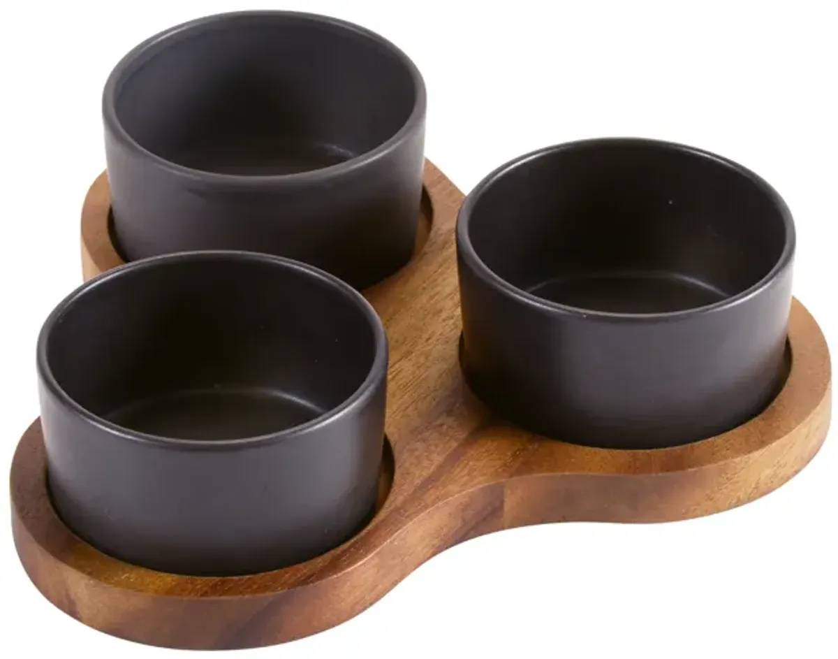 Triangular Serving Set with 3 Black Ceramic Dishes