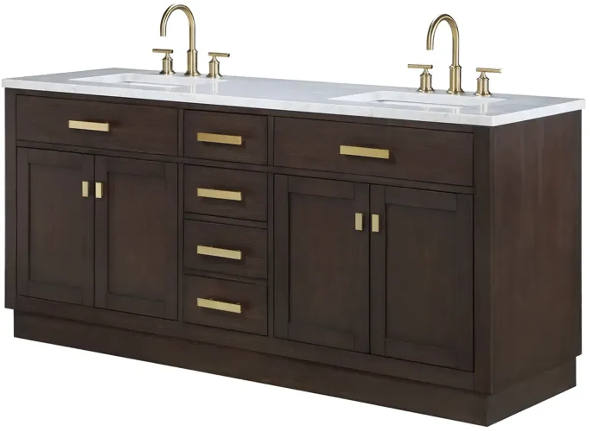 Chestnut 72 In. Double Sink Carrara White Marble Countertop Bath Vanity In Brown Oak with Satin Gold Hardware