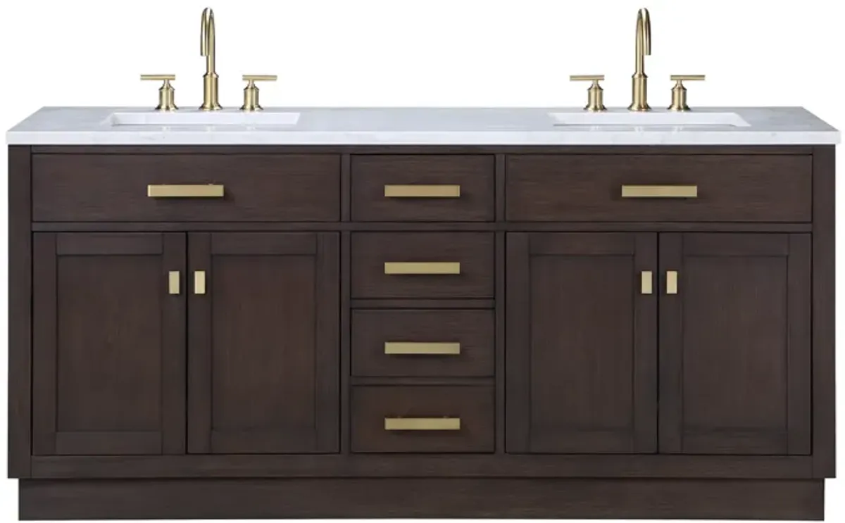 Chestnut 72 In. Double Sink Carrara White Marble Countertop Bath Vanity In Brown Oak with Satin Gold Hardware