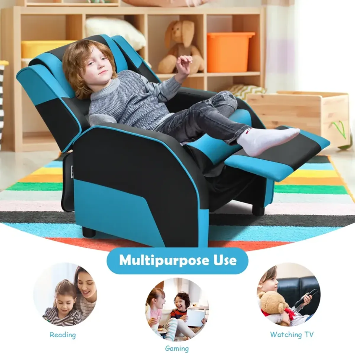 Kids Youth PU Leather Gaming Sofa Recliner with Headrest and Footrest