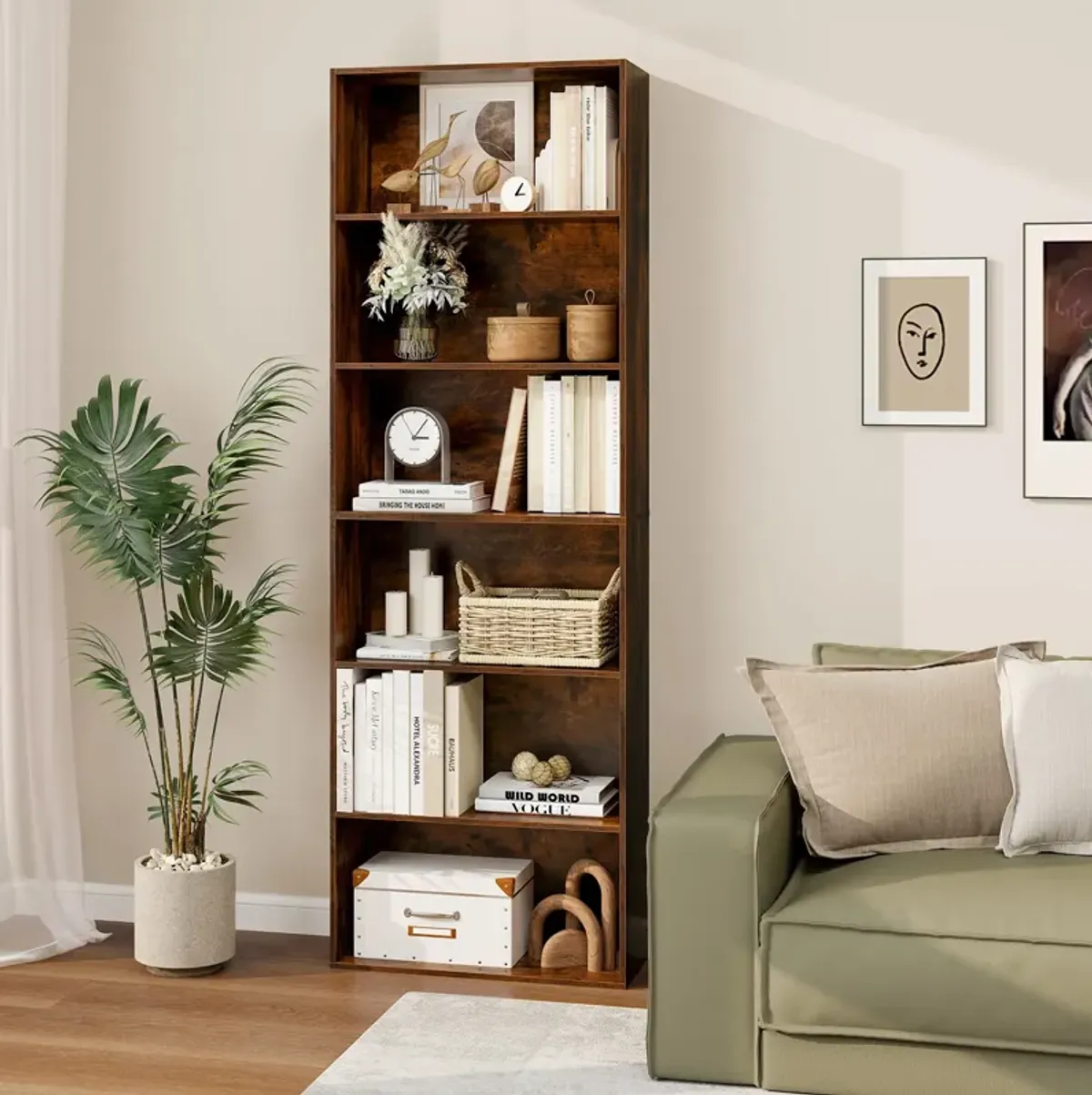Freestanding 6-Tier Bookcase with Open Storage and Anti-Tip Protection