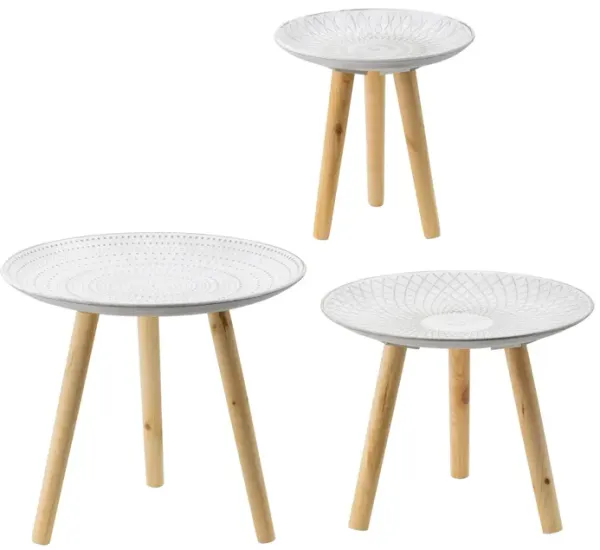 Benjara 12, 16, 18 Inch Side Tables Set of 3, Finished Pattern MDF Top, White and Brown