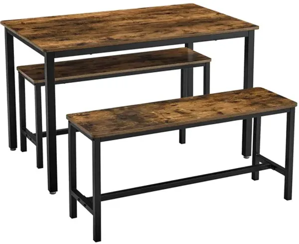 BreeBe Industrial Rustic Brown Dining Table with 2 Benches