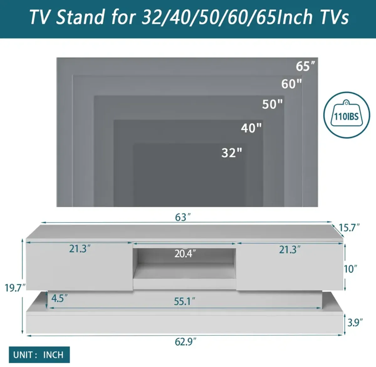 Hivvago 63 inches Modern and Simple Design Television Stand Organizing Cabinet with LED Light