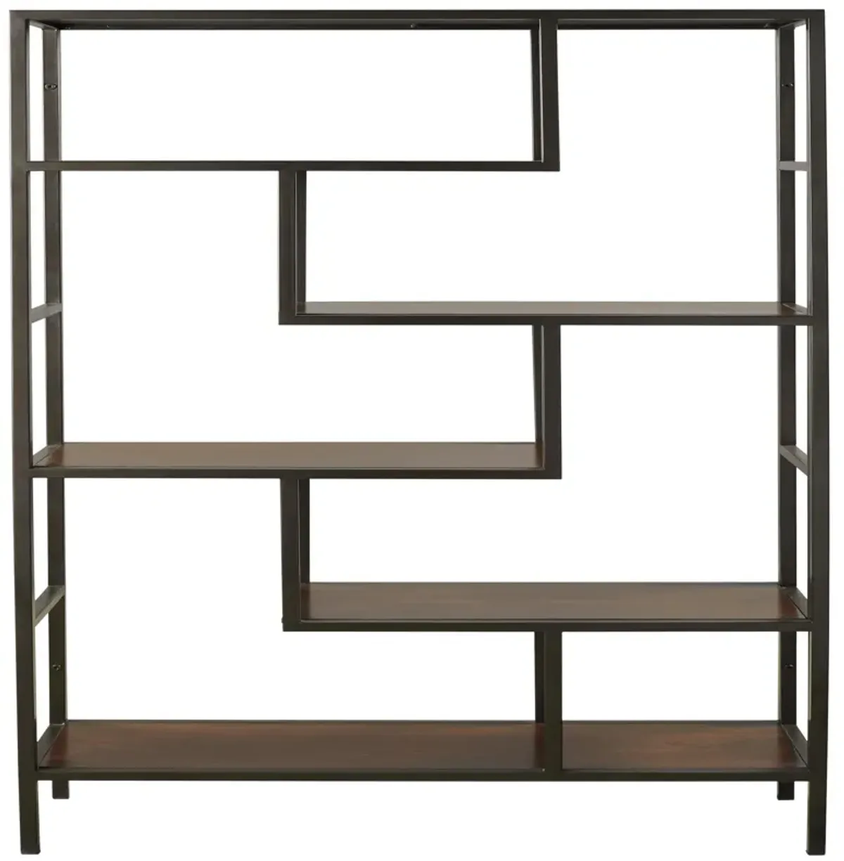 5 Shelves Asymmetric Design Bookcase with Metal Frame, Brown and Black-Benzara