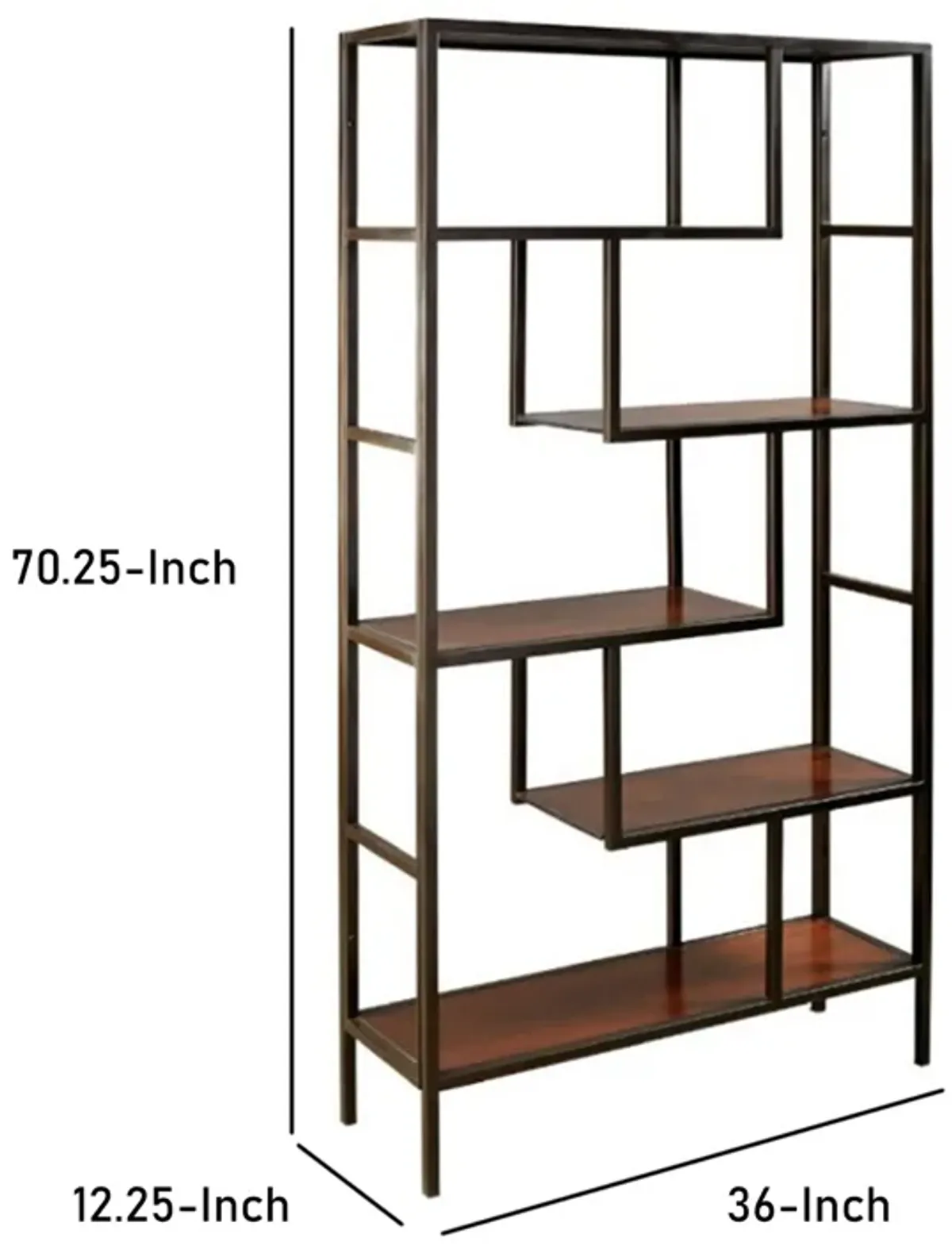 5 Shelves Asymmetric Design Bookcase with Metal Frame, Brown and Black-Benzara