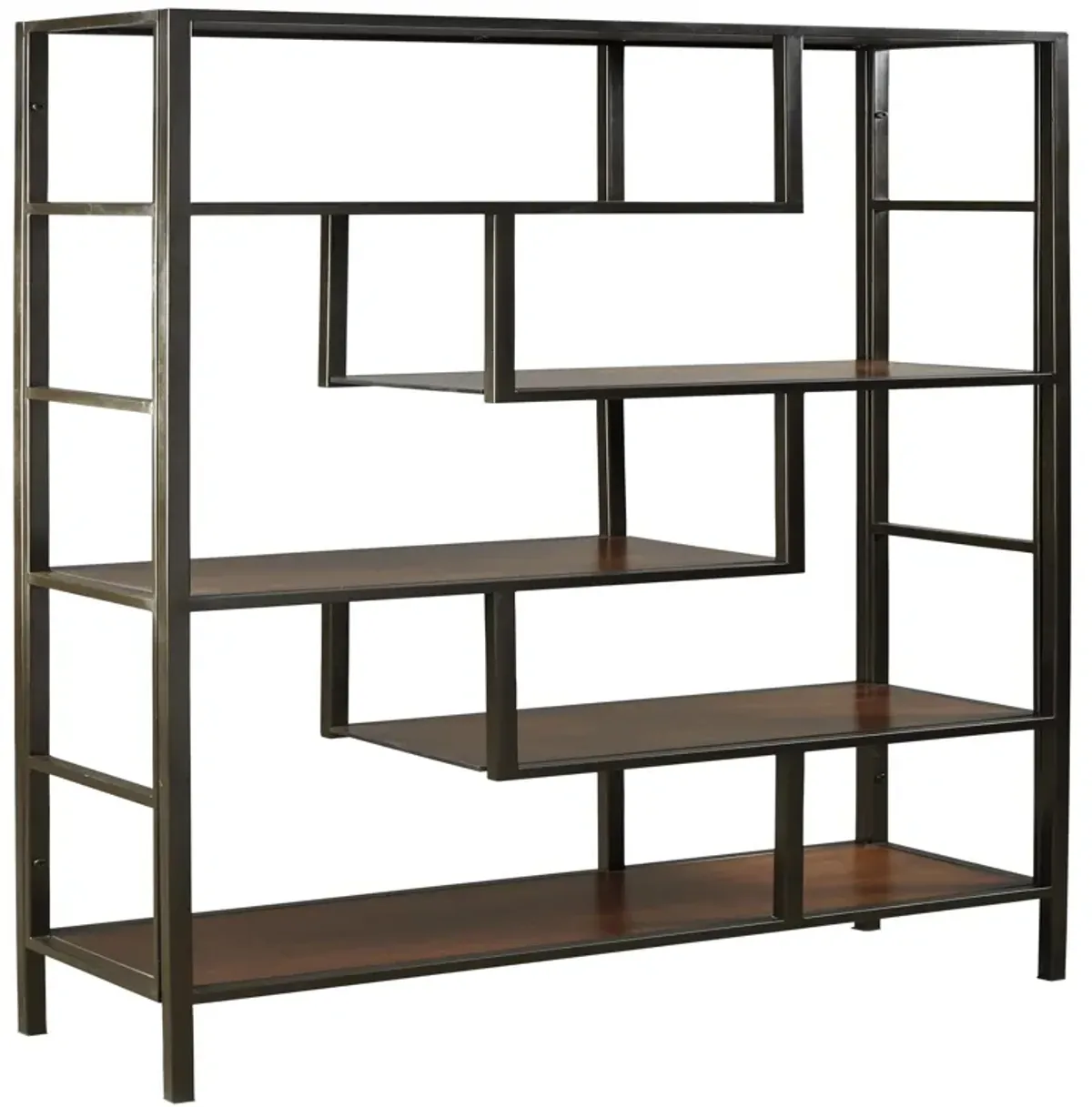 5 Shelves Asymmetric Design Bookcase with Metal Frame, Brown and Black-Benzara