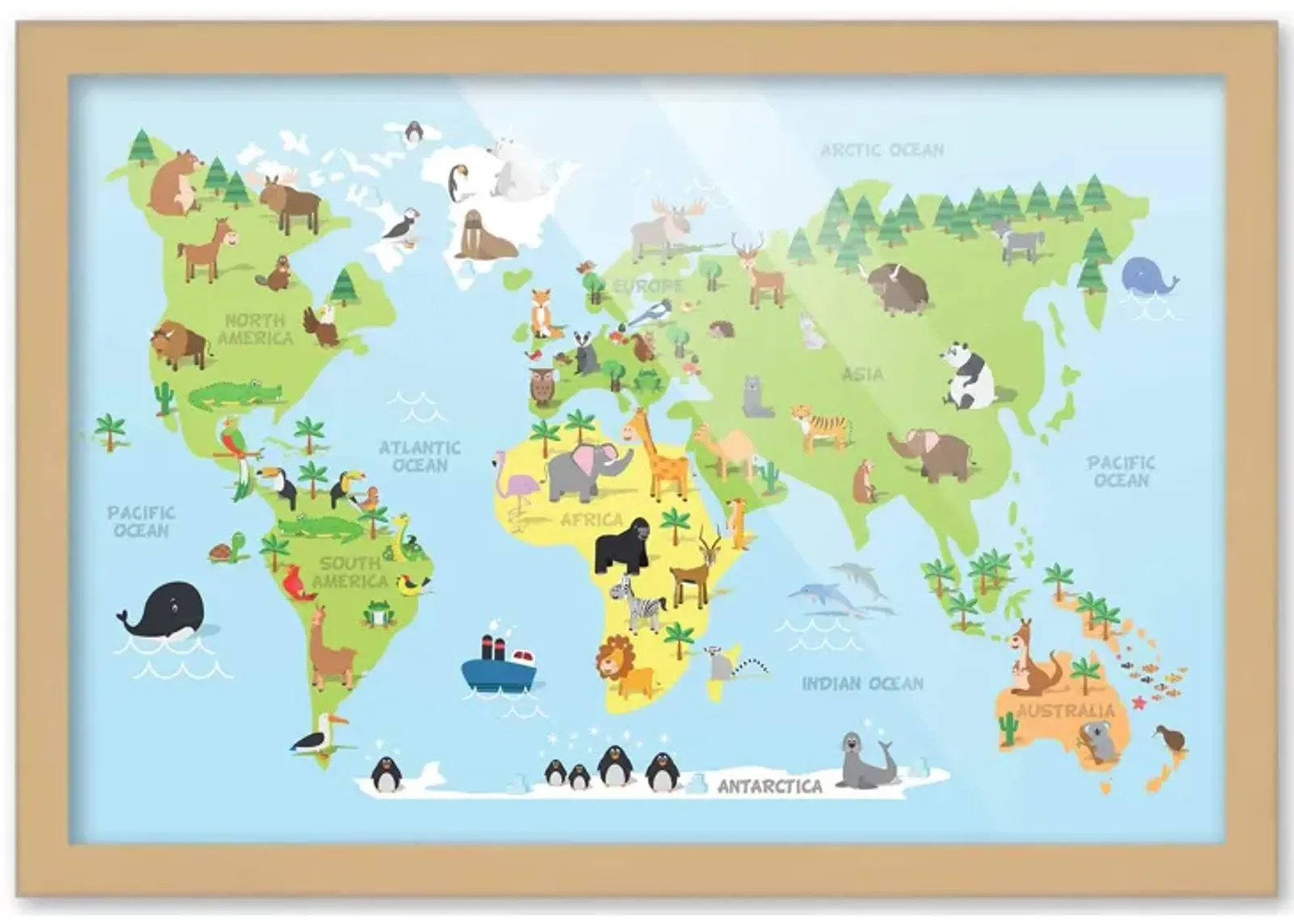 12x18 Framed Nursery Wall Art Animals Around the World Map Poster In Natural Wood Frame For Kid Bedroom or Playroom