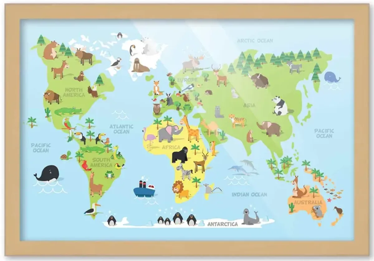 12x18 Framed Nursery Wall Art Animals Around the World Map Poster In Natural Wood Frame For Kid Bedroom or Playroom